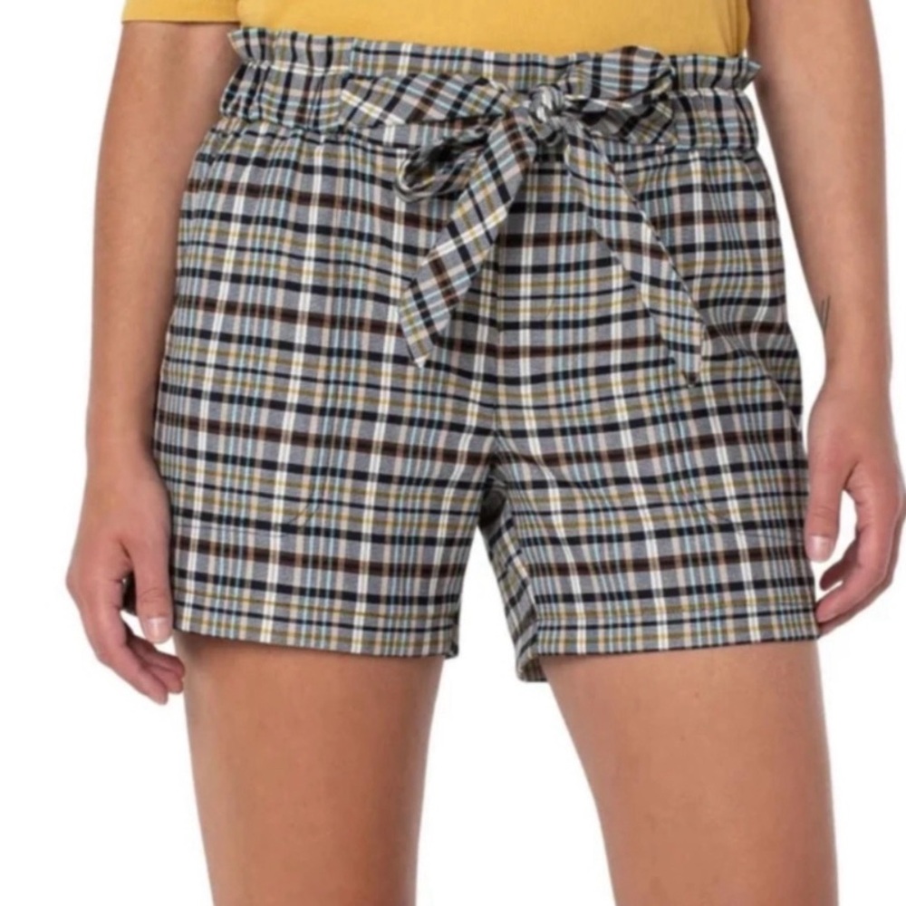 Liverpool Jeans Company Paper Bag Waist in White/Black/Tan/Gold/Blue Retro Plaid